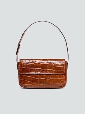 NWOT Staud Tommy Croc Crocodile Leather Shoulder Bag Purse Saddle Brown Tan